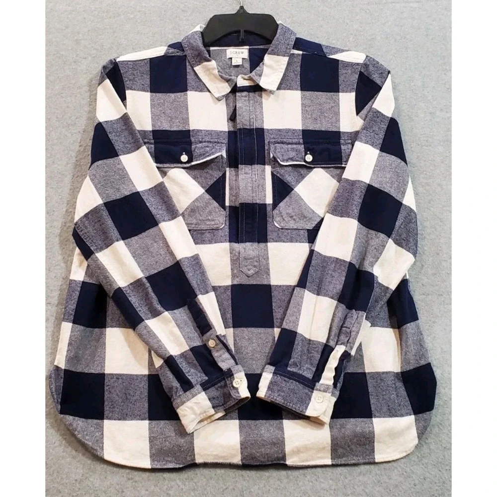 J Crew Flannel Shirt Men's Large Plaid 100% Cotton‎ 1/4 Zip Pockets Navy/White